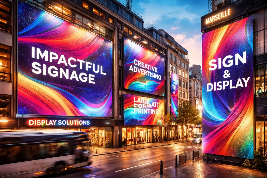 Découvrez notre expertise en signalétique à Marseille : enseignes, bâches & PLV grand format pour tous vos besoins de communication visuelle.